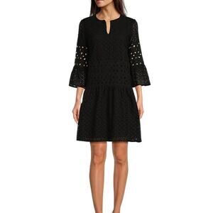 Tyler Boe Isla Eyelet Crew Neck Split V 3/4 Bell Sleeve Tiered Dress black  S